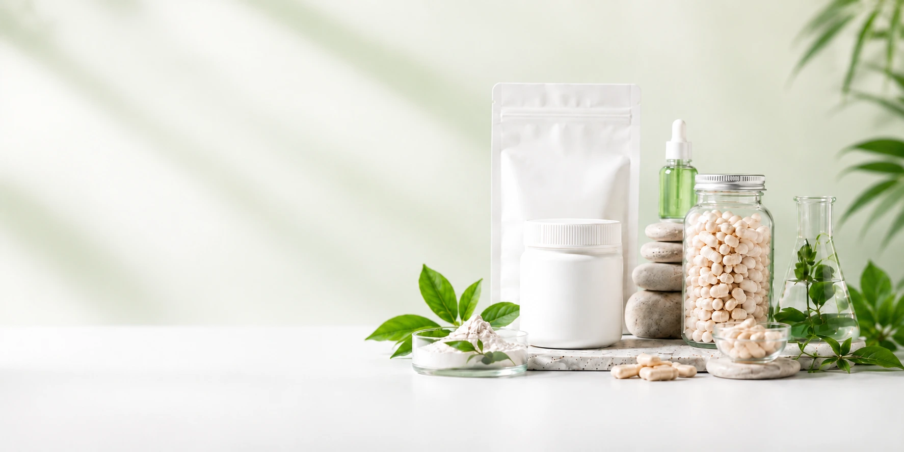 Unbranded supplement and cosmetic packaging prepared at Biostile